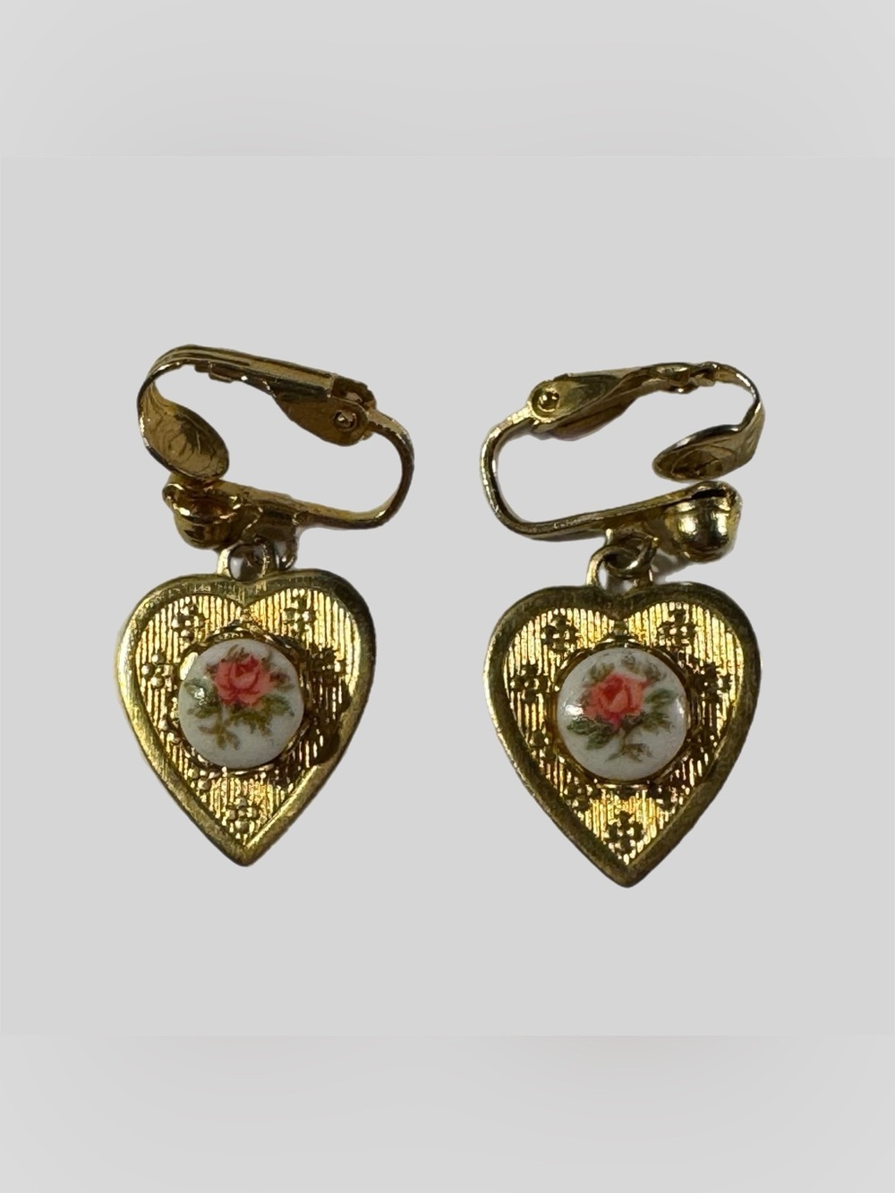 Vintage 1928 Style Filigree Heart Porcelain Pink Rose Victorian Clip-On Earrings